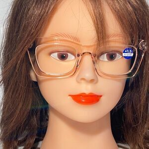 1290 Gretchen Reading Glasses 1.5 Square Clear Pink Frames Oversize NWT